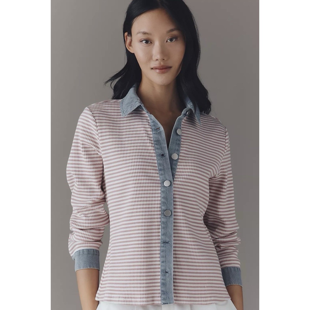 Anthropologie DOLAN Left Coast Denim Mixed Cardigan Sweater Top Pink Stripe sz.M
